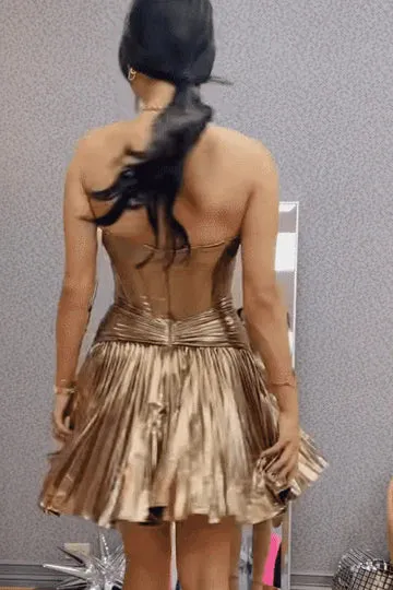 A-Line Strapless Gold Satin Short Pleated Homecoimg Dresses VK24083103