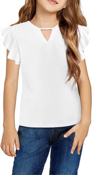 Arshiner Girls Shirts Short Sleeve Tee Ruffle Solid Summer Keyhole Neck Cotton Blouse Tops