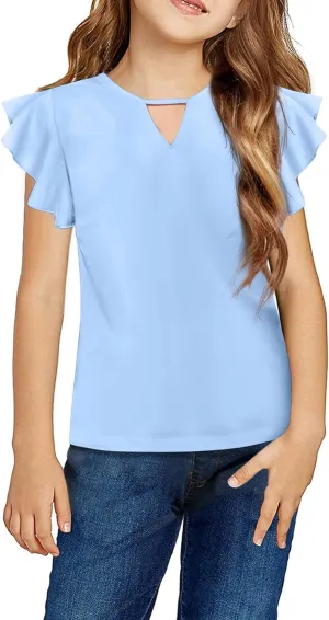 Arshiner Girls Shirts Short Sleeve Tee Ruffle Solid Summer Keyhole Neck Cotton Blouse Tops
