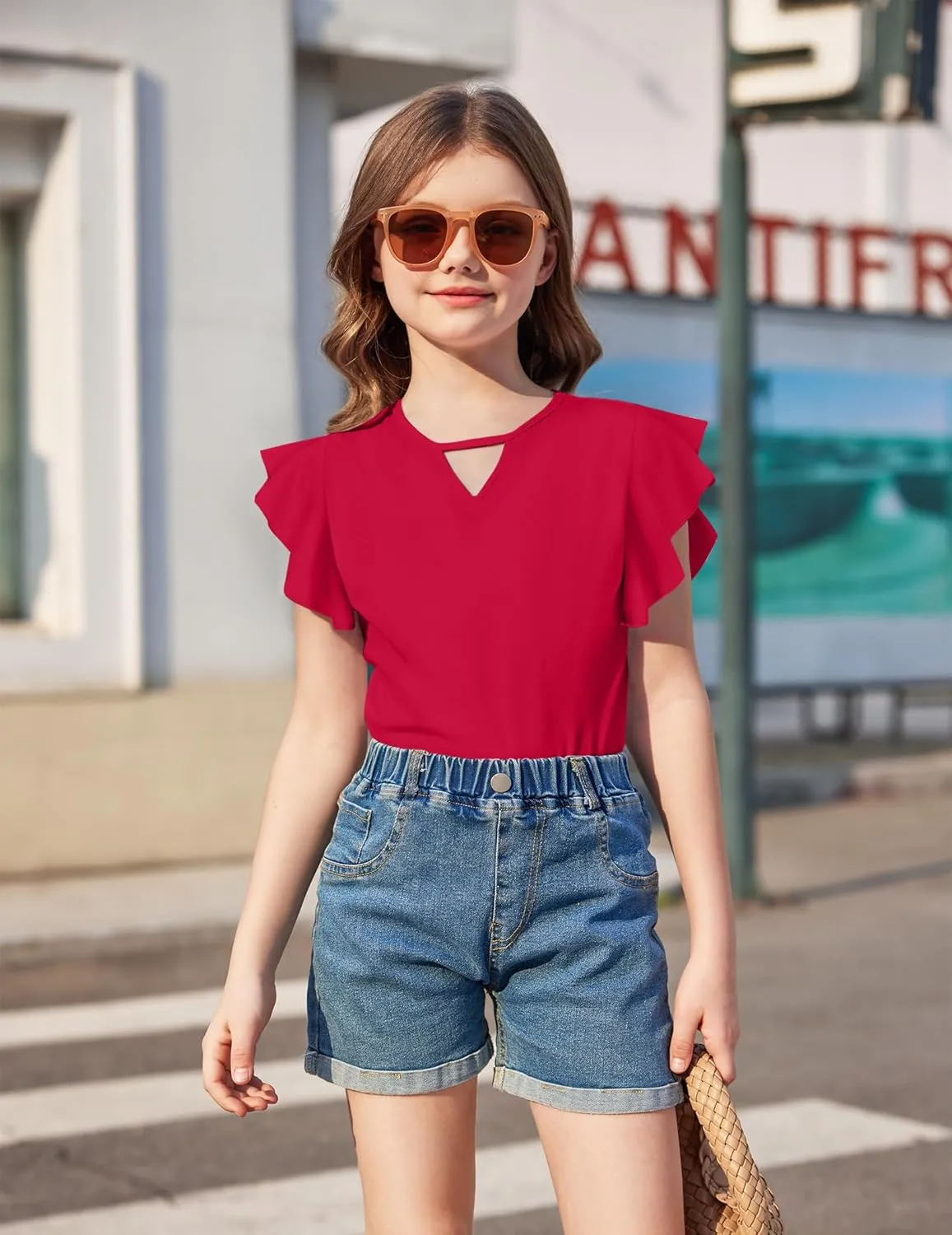 Arshiner Girls Shirts Short Sleeve Tee Ruffle Solid Summer Keyhole Neck Cotton Blouse Tops