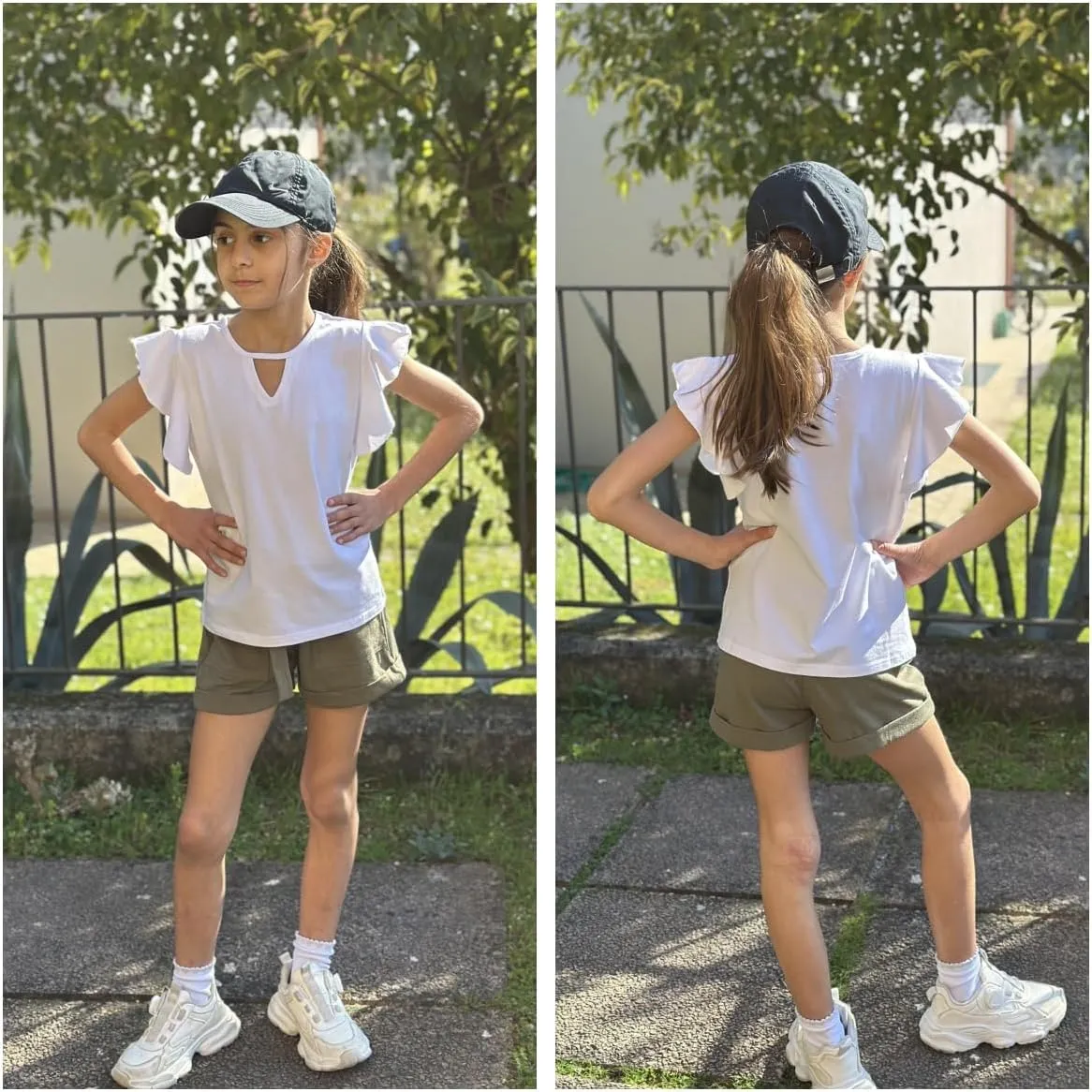 Arshiner Girls Shirts Short Sleeve Tee Ruffle Solid Summer Keyhole Neck Cotton Blouse Tops