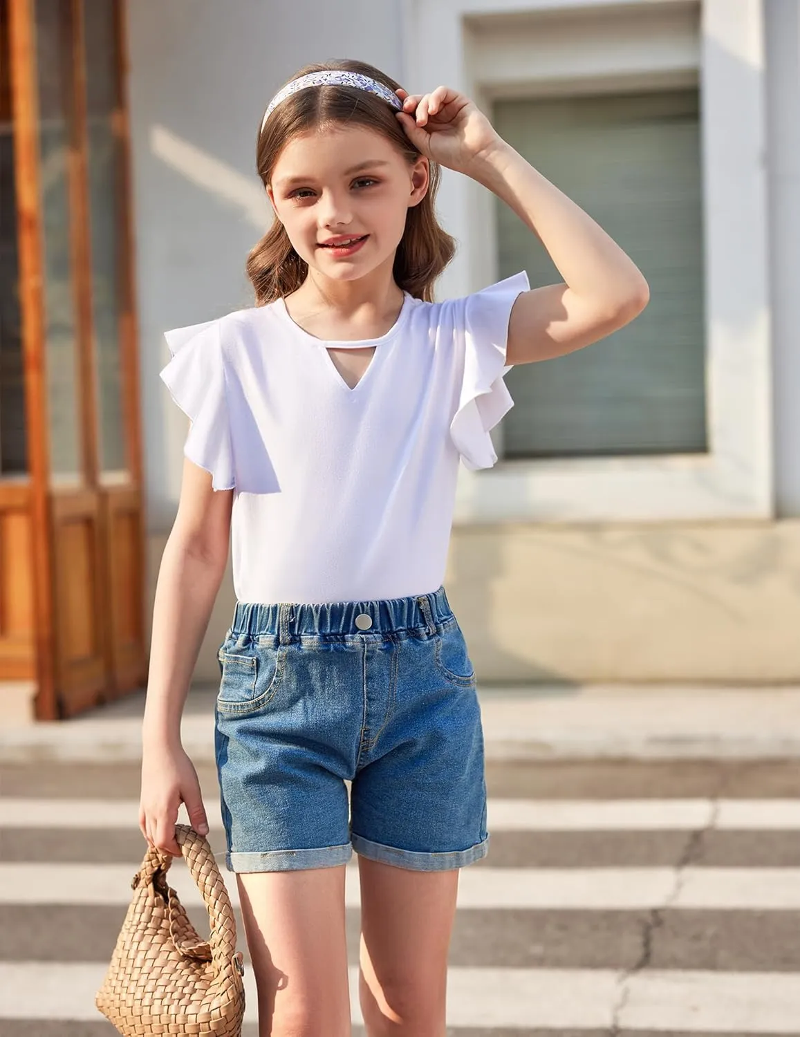 Arshiner Girls Shirts Short Sleeve Tee Ruffle Solid Summer Keyhole Neck Cotton Blouse Tops