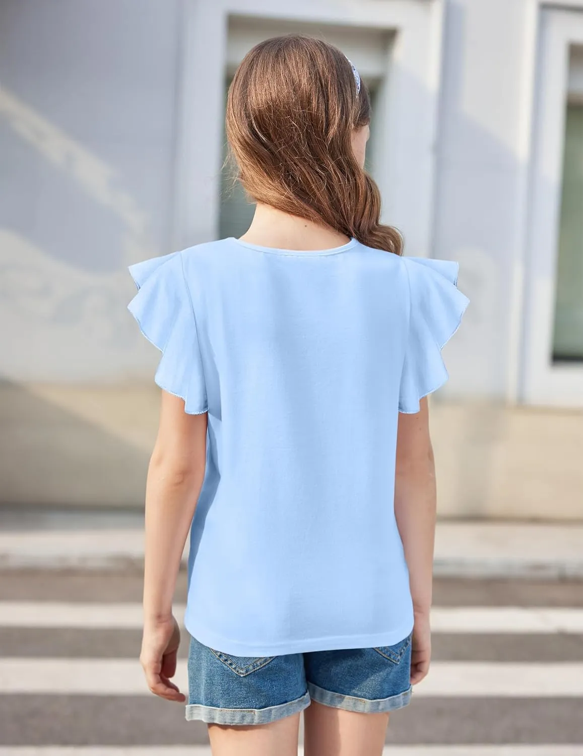 Arshiner Girls Shirts Short Sleeve Tee Ruffle Solid Summer Keyhole Neck Cotton Blouse Tops