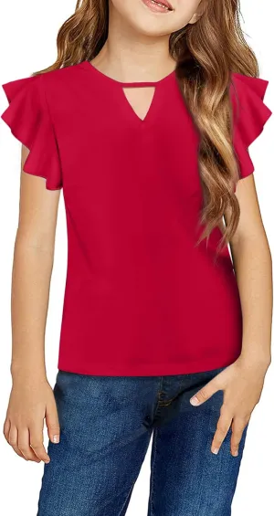 Arshiner Girls Shirts Short Sleeve Tee Ruffle Solid Summer Keyhole Neck Cotton Blouse Tops