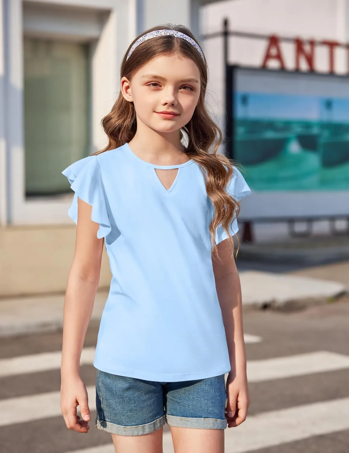 Arshiner Girls Shirts Short Sleeve Tee Ruffle Solid Summer Keyhole Neck Cotton Blouse Tops