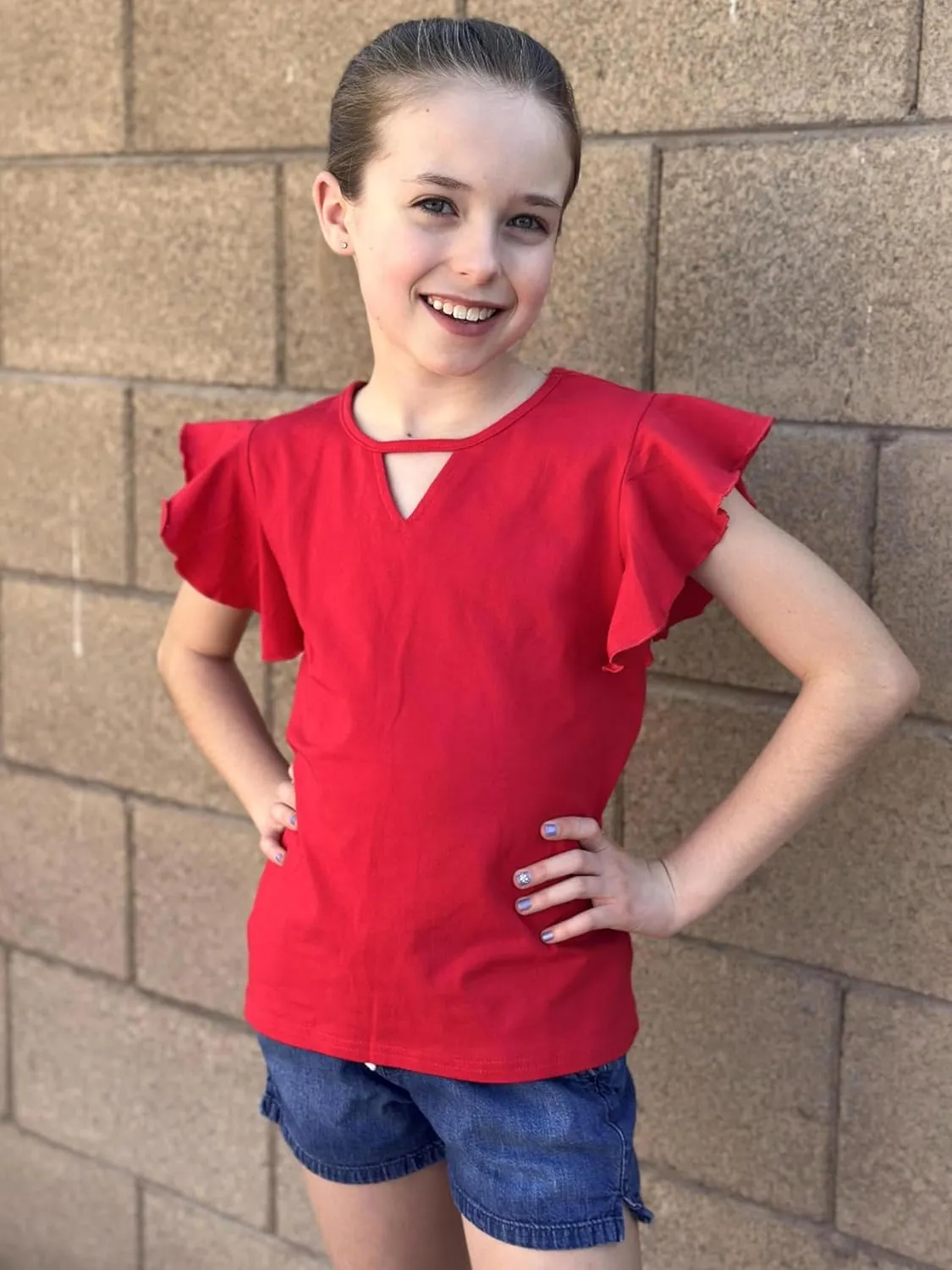 Arshiner Girls Shirts Short Sleeve Tee Ruffle Solid Summer Keyhole Neck Cotton Blouse Tops