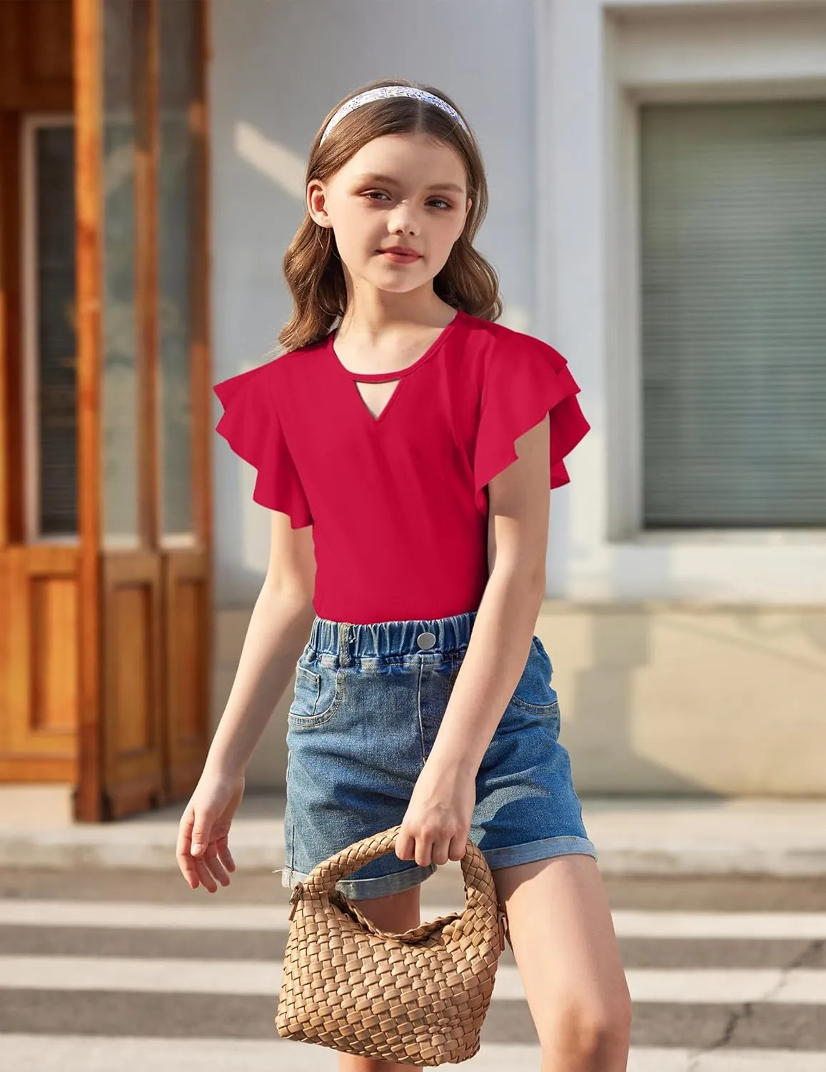 Arshiner Girls Shirts Short Sleeve Tee Ruffle Solid Summer Keyhole Neck Cotton Blouse Tops