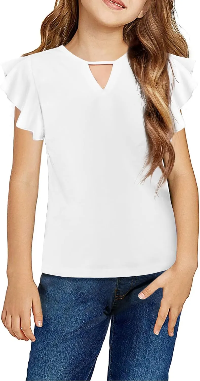 Arshiner Girls Shirts Short Sleeve Tee Ruffle Solid Summer Keyhole Neck Cotton Blouse Tops