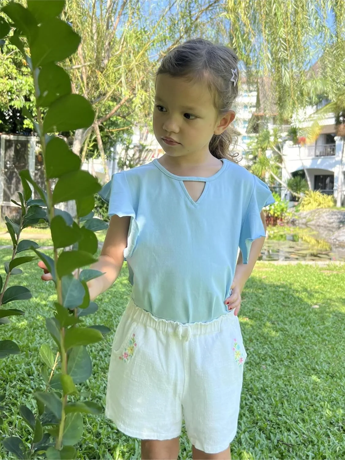 Arshiner Girls Shirts Short Sleeve Tee Ruffle Solid Summer Keyhole Neck Cotton Blouse Tops