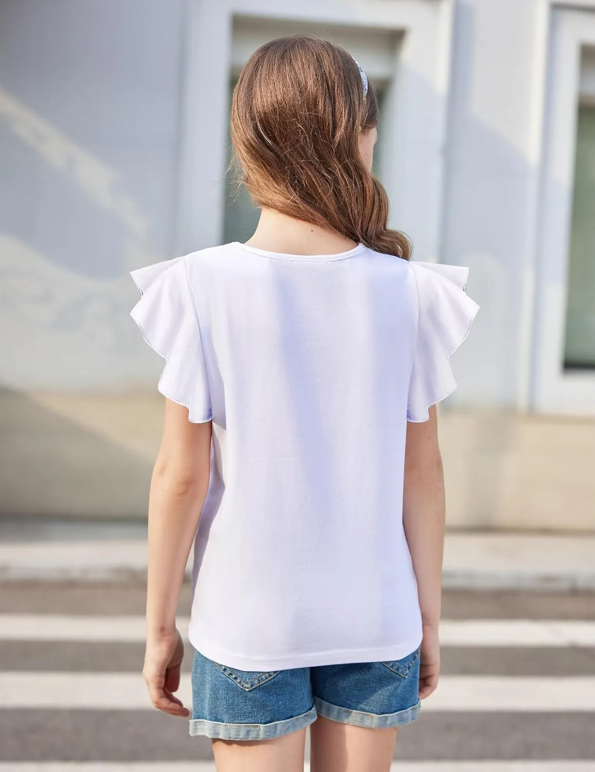 Arshiner Girls Shirts Short Sleeve Tee Ruffle Solid Summer Keyhole Neck Cotton Blouse Tops