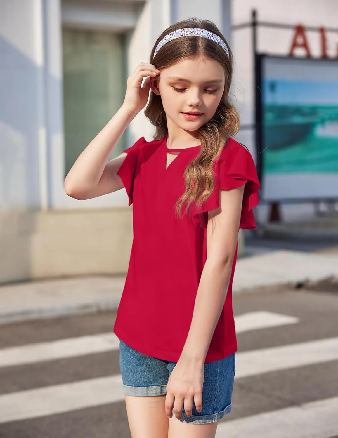Arshiner Girls Shirts Short Sleeve Tee Ruffle Solid Summer Keyhole Neck Cotton Blouse Tops