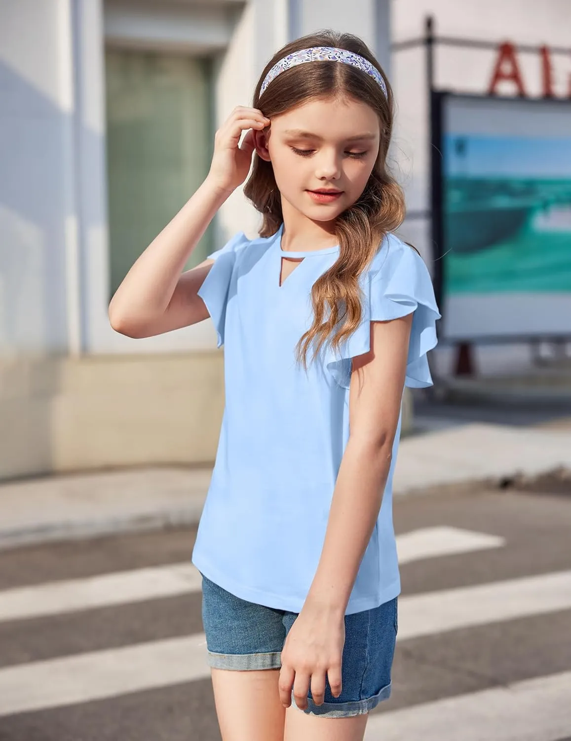 Arshiner Girls Shirts Short Sleeve Tee Ruffle Solid Summer Keyhole Neck Cotton Blouse Tops
