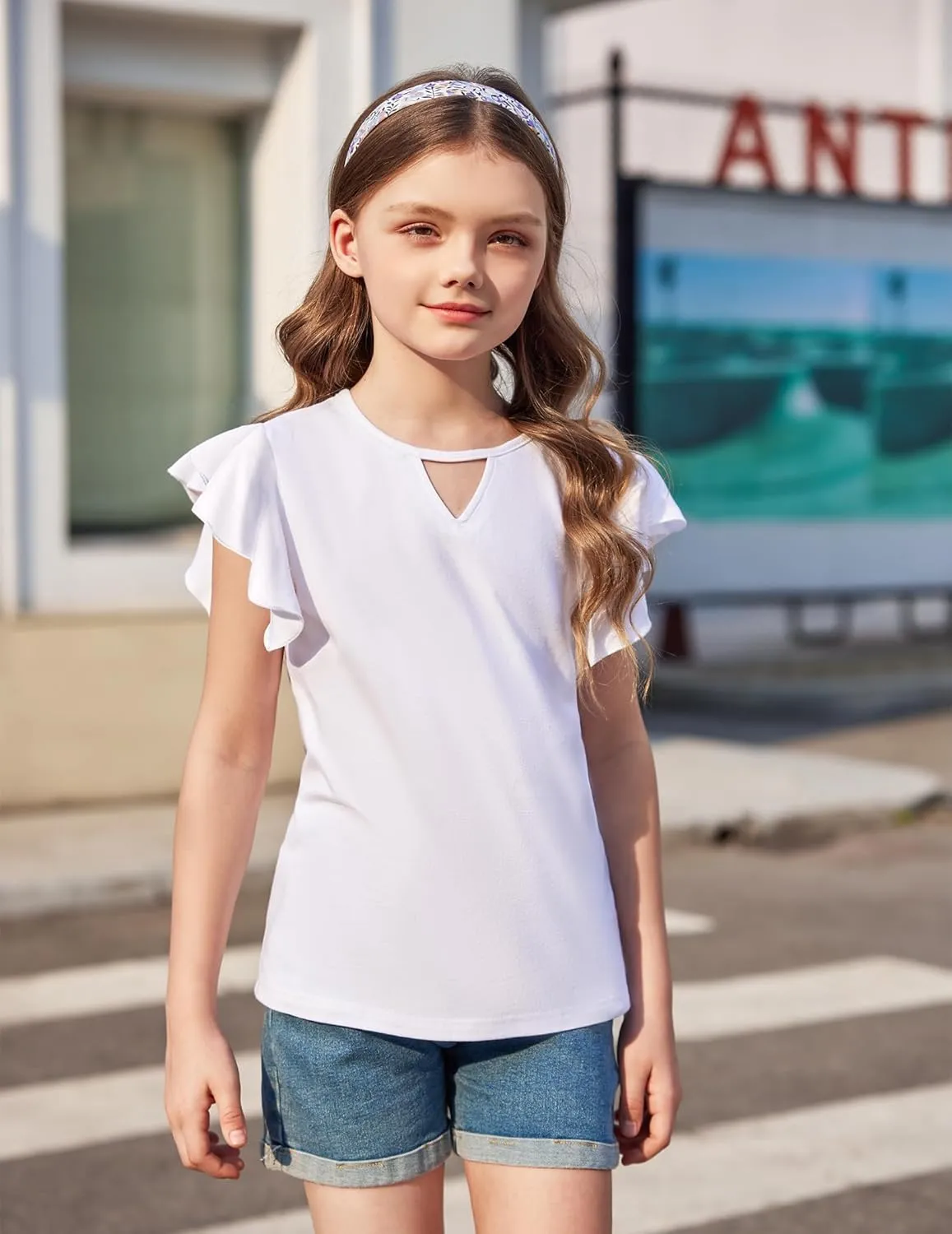 Arshiner Girls Shirts Short Sleeve Tee Ruffle Solid Summer Keyhole Neck Cotton Blouse Tops