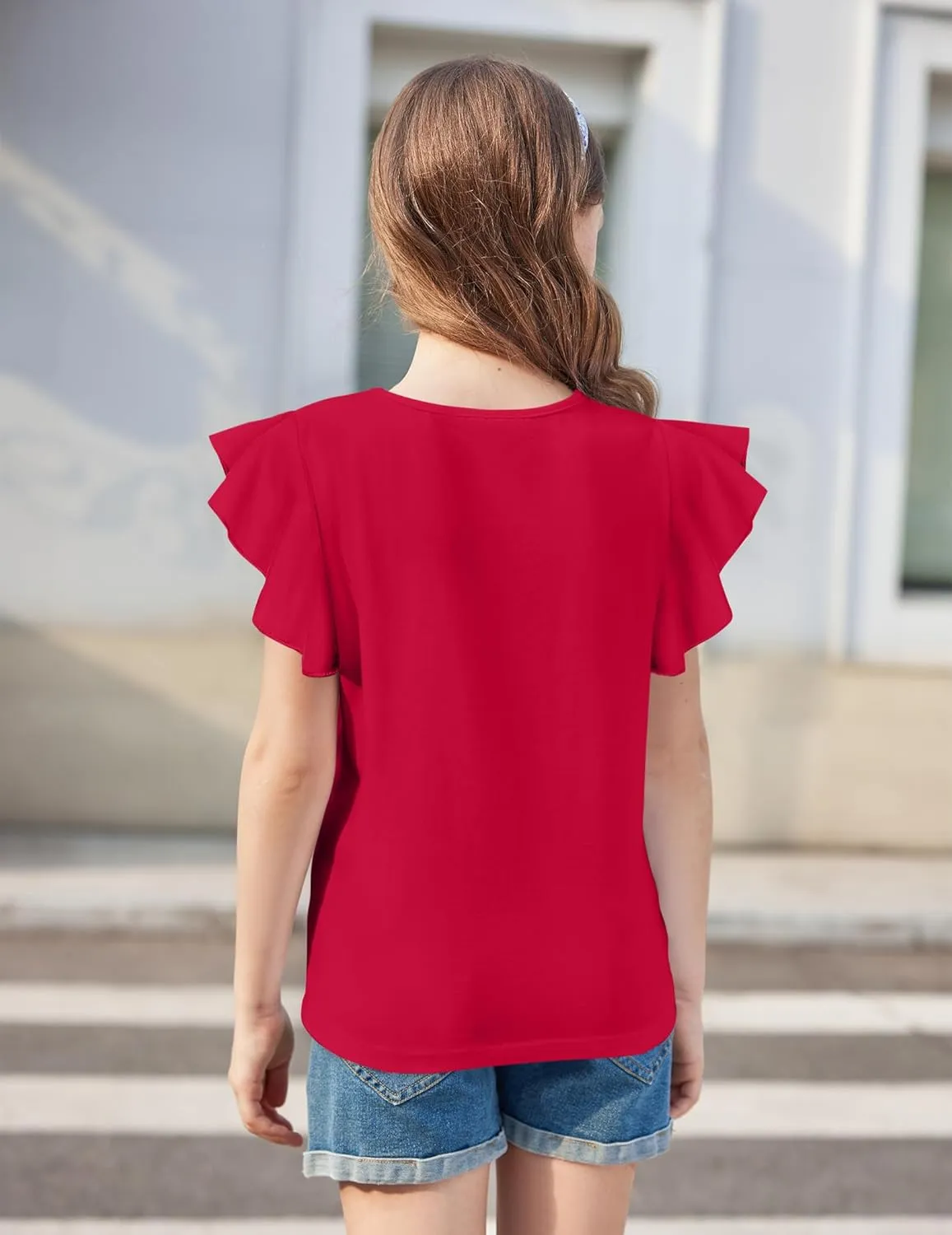 Arshiner Girls Shirts Short Sleeve Tee Ruffle Solid Summer Keyhole Neck Cotton Blouse Tops