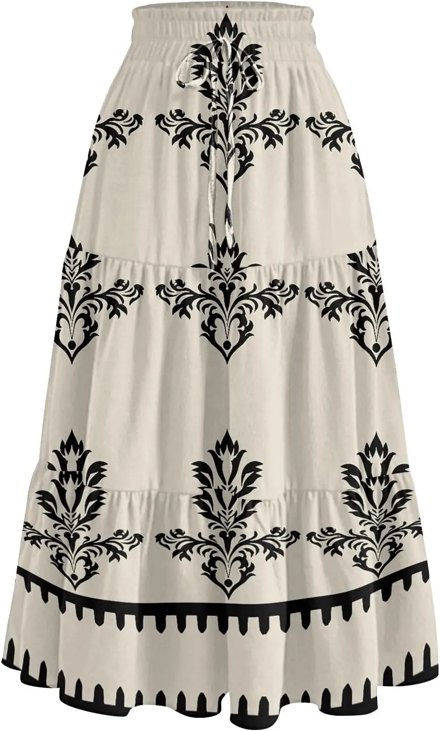 Casual Skirts for Women Summer High Waisted Wrap Midi Skirt Swing A-Line Floral Print Knee Length Skirt with Pockets
