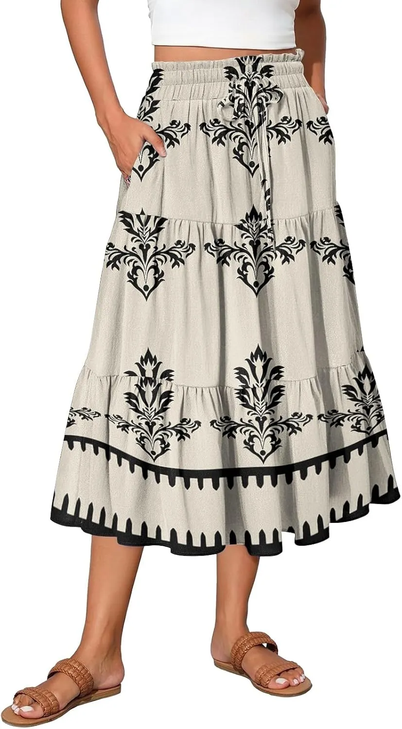 Casual Skirts for Women Summer High Waisted Wrap Midi Skirt Swing A-Line Floral Print Knee Length Skirt with Pockets