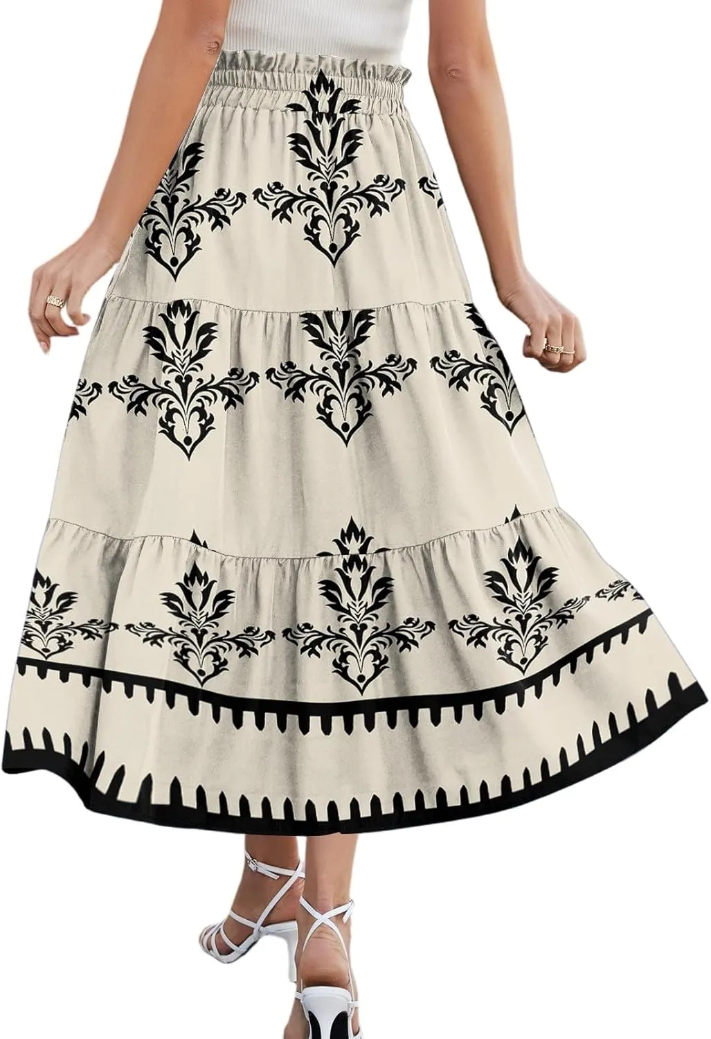 Casual Skirts for Women Summer High Waisted Wrap Midi Skirt Swing A-Line Floral Print Knee Length Skirt with Pockets