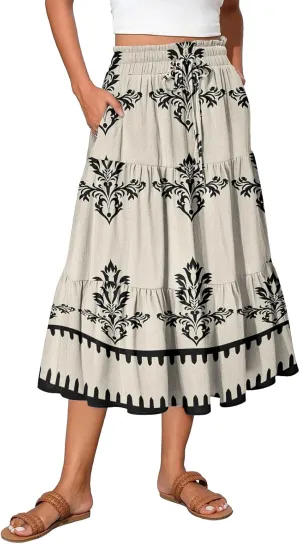 Casual Skirts for Women Summer High Waisted Wrap Midi Skirt Swing A-Line Floral Print Knee Length Skirt with Pockets