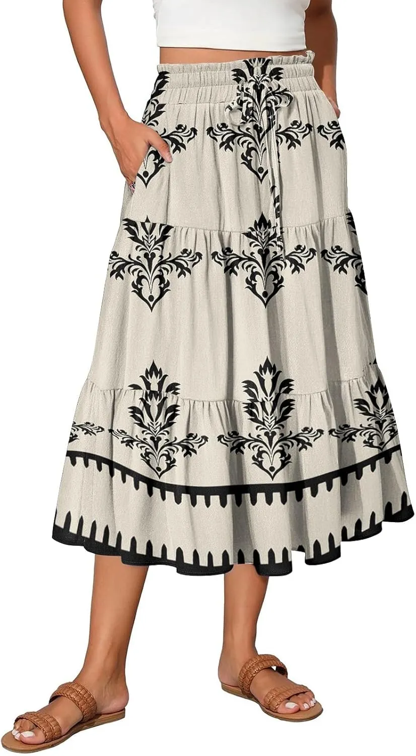 Casual Skirts for Women Summer High Waisted Wrap Midi Skirt Swing A-Line Floral Print Knee Length Skirt with Pockets