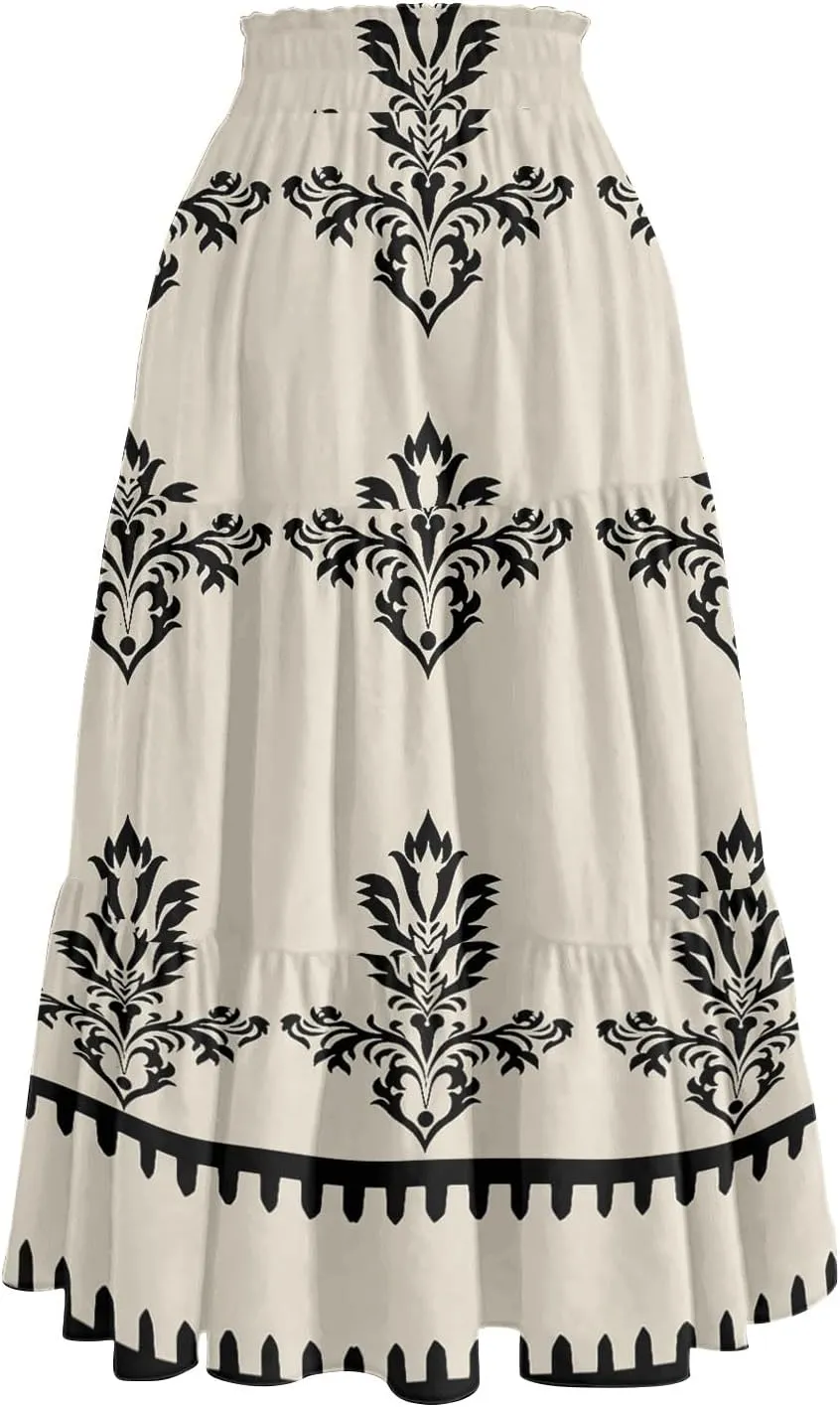 Casual Skirts for Women Summer High Waisted Wrap Midi Skirt Swing A-Line Floral Print Knee Length Skirt with Pockets
