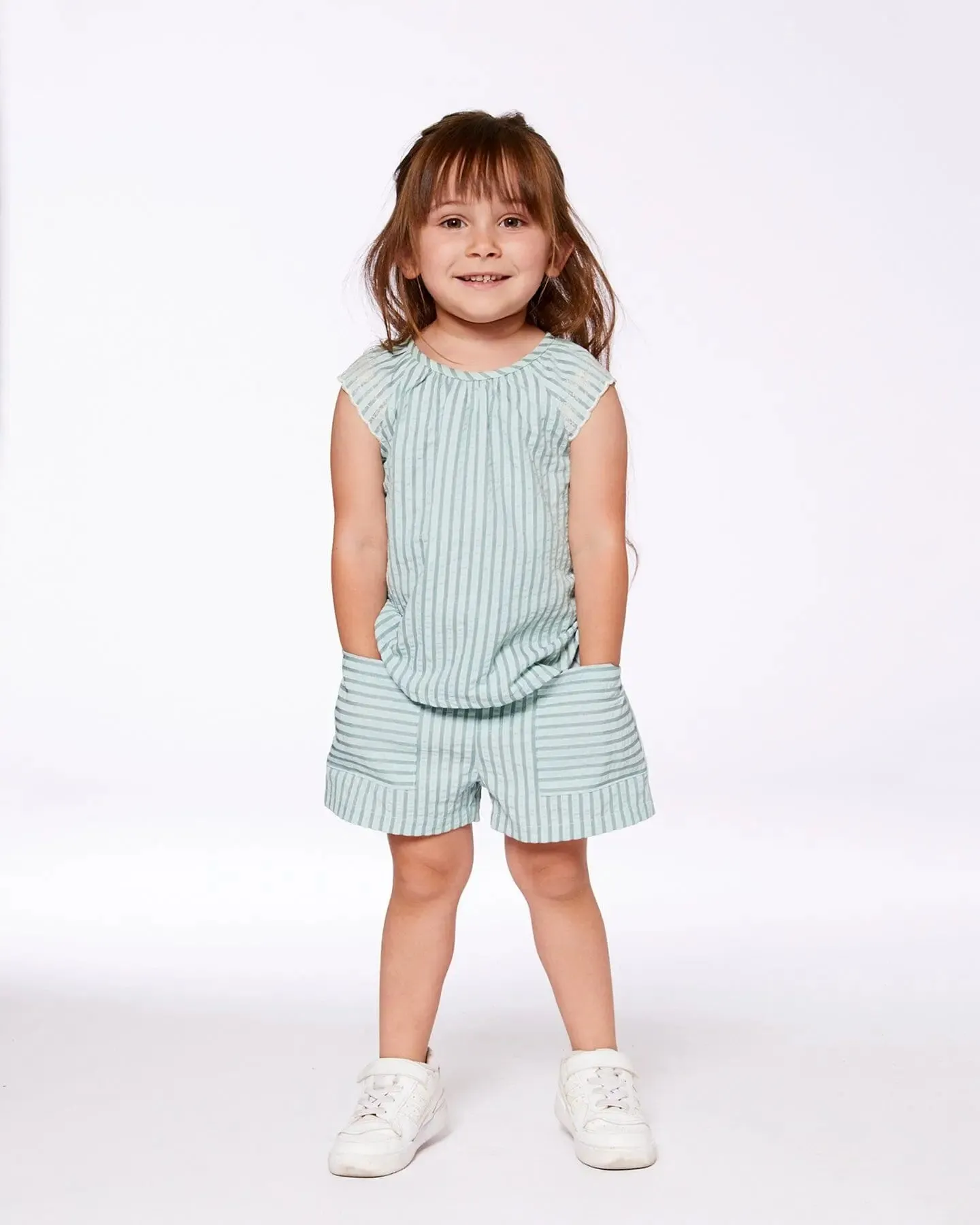 Chambray Blouse And Short Set Mint Green Striped