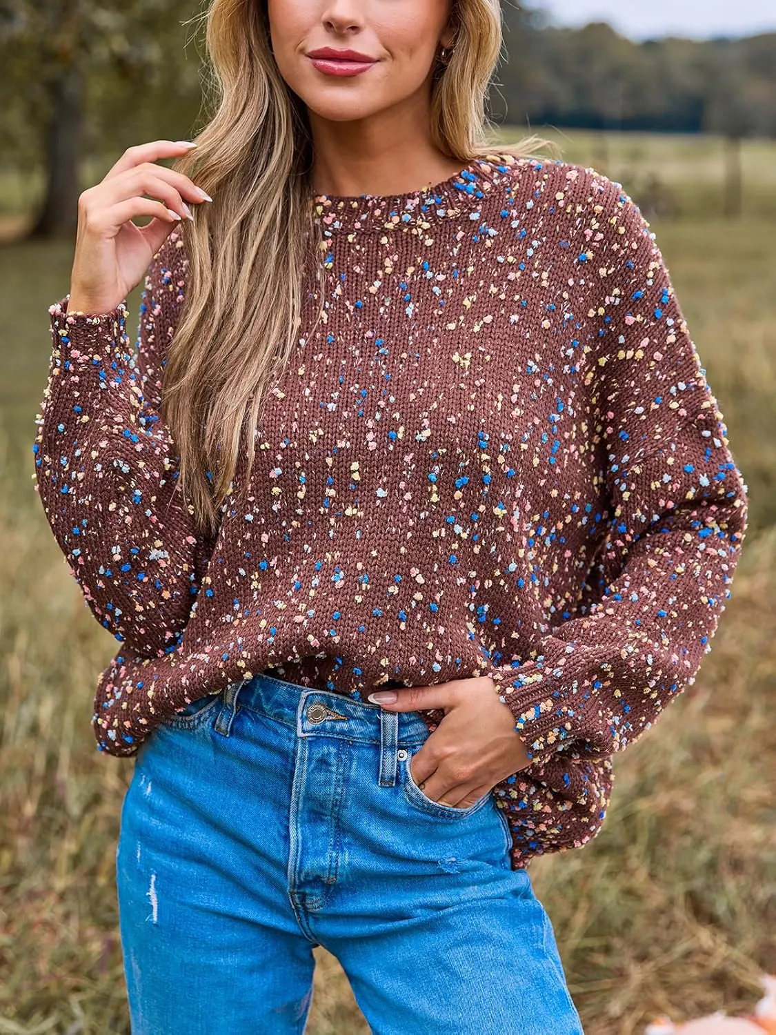 CUPSHE Womens Pullover Sweater Rainbow Pom Ribbed Knit Long Sleeve Fall Colorful Jumper Tops