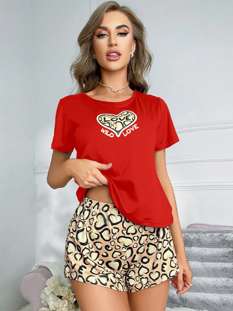 Cute Leopard Heart Casual Pajama Set