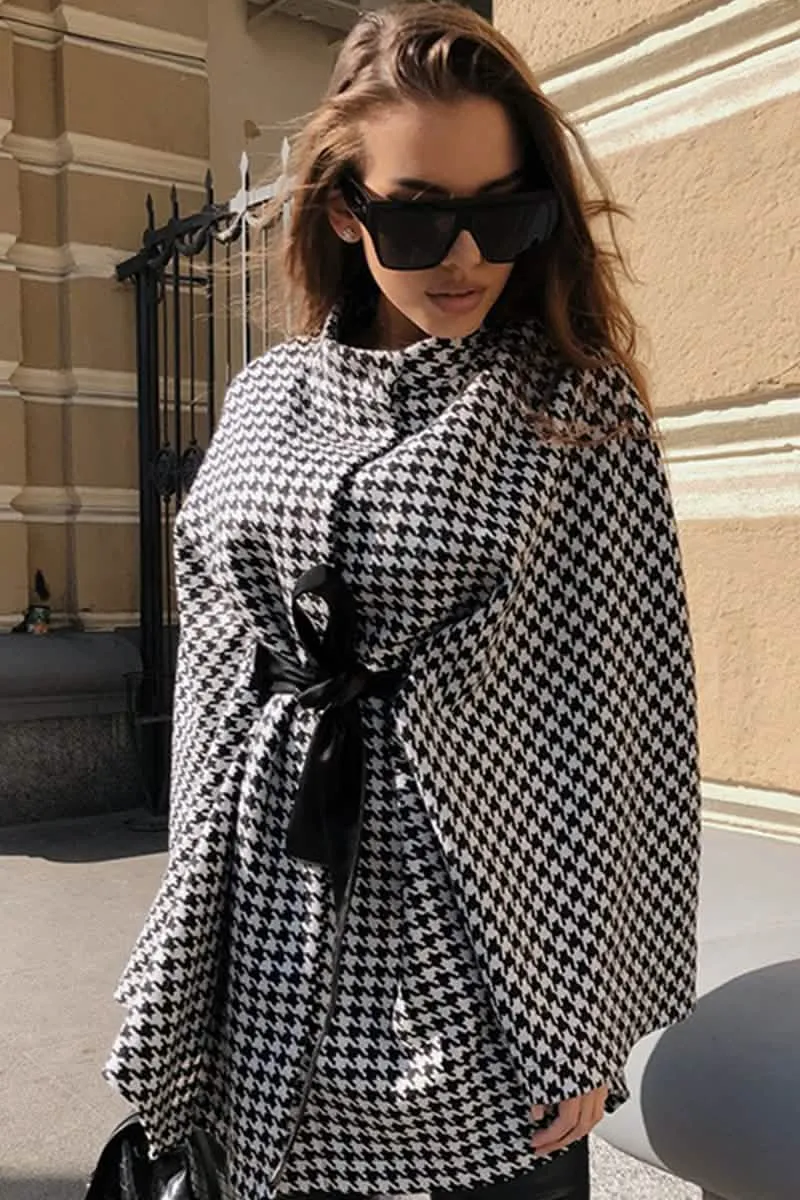 Elegant Houndstooth Belted Trench Coat for Effortless Chic Style