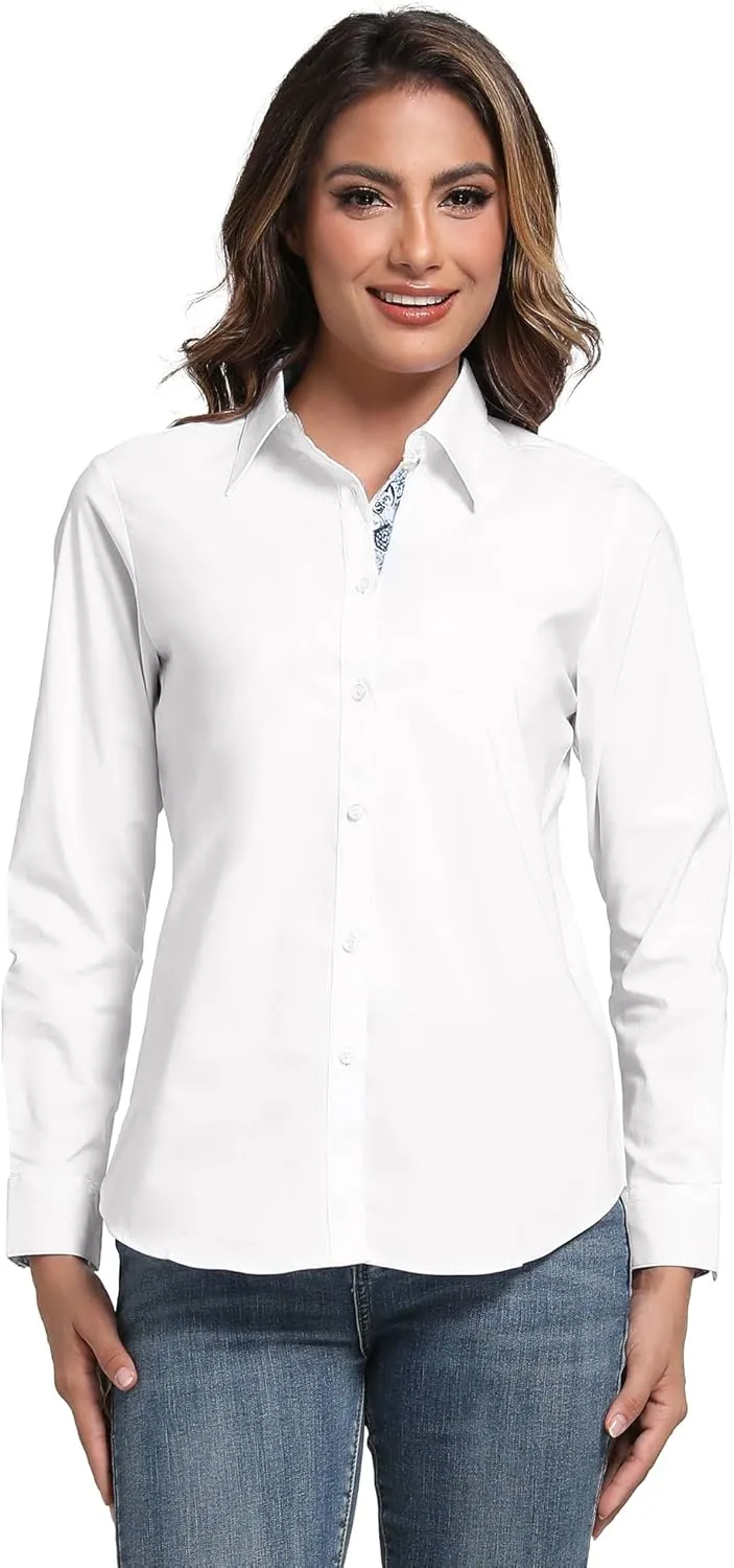 Esabel.C Womens Dress Shirts Cotton Long Sleeve Regular Fit Stretch Button Down Blouse