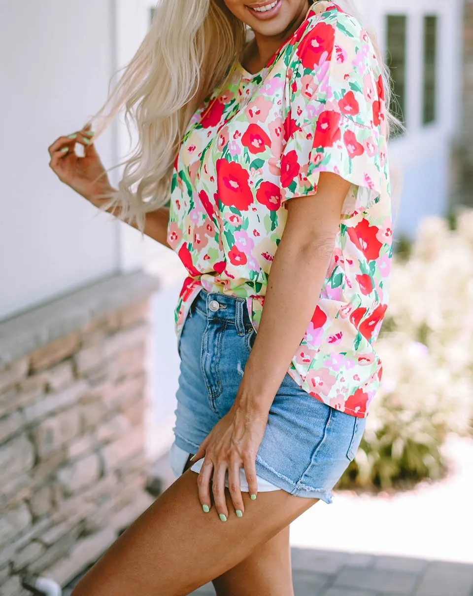 Floral Short Sleeve V Neck Top