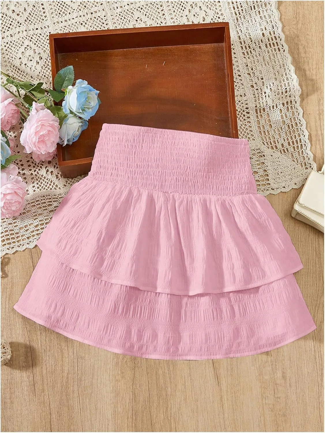 Girl's Tiered Layer Shirred Boho Smocked Skirts Casual Cute High Waisted Pleated Ruffle Flowy Elastic Skirts