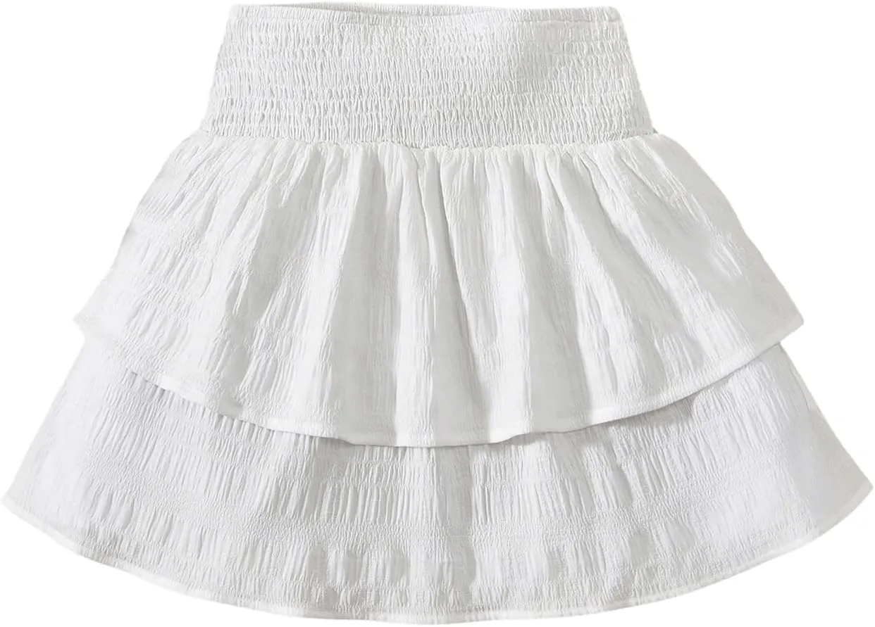 Girl's Tiered Layer Shirred Boho Smocked Skirts Casual Cute High Waisted Pleated Ruffle Flowy Elastic Skirts
