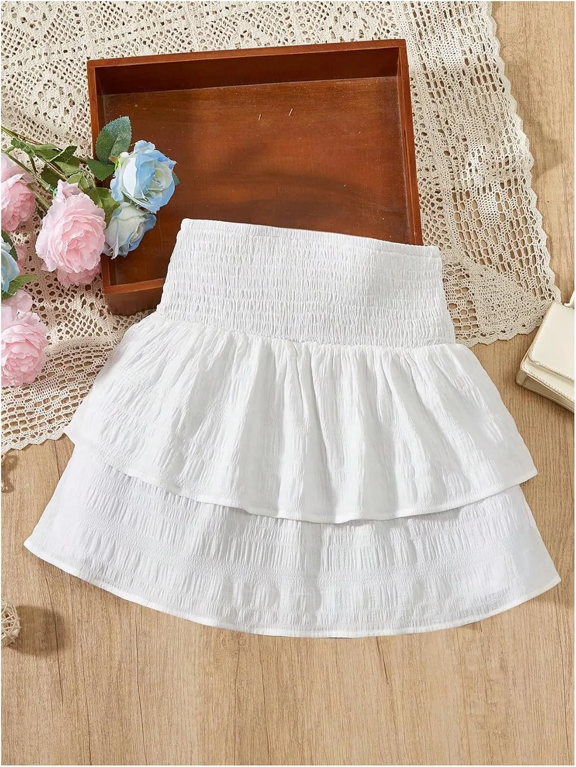Girl's Tiered Layer Shirred Boho Smocked Skirts Casual Cute High Waisted Pleated Ruffle Flowy Elastic Skirts