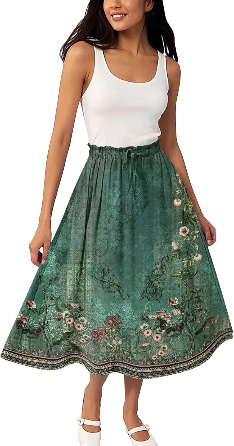 GOFULY Skirts for Women Midi Length Trendy Summer Print A Line Skirt Knee Drawstring Elastic High Waist Smocked Skirt
