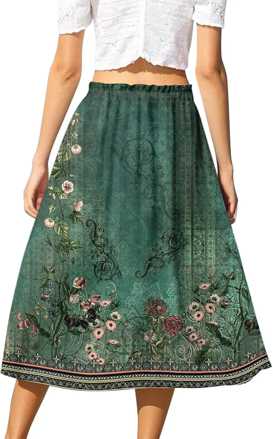 GOFULY Skirts for Women Midi Length Trendy Summer Print A Line Skirt Knee Drawstring Elastic High Waist Smocked Skirt