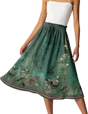 GOFULY Skirts for Women Midi Length Trendy Summer Print A Line Skirt Knee Drawstring Elastic High Waist Smocked Skirt