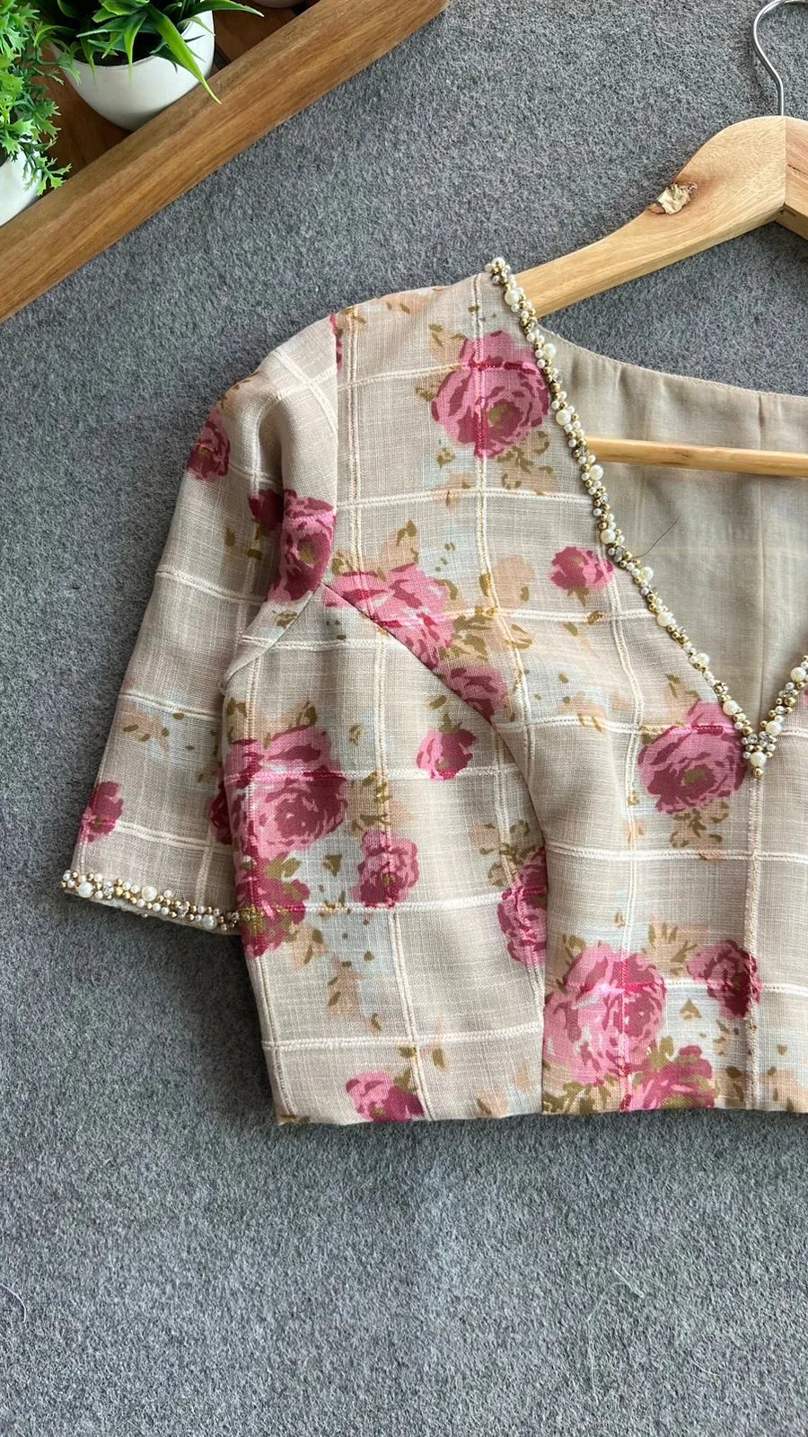 Halfwhite cotton pearl hand work blouse