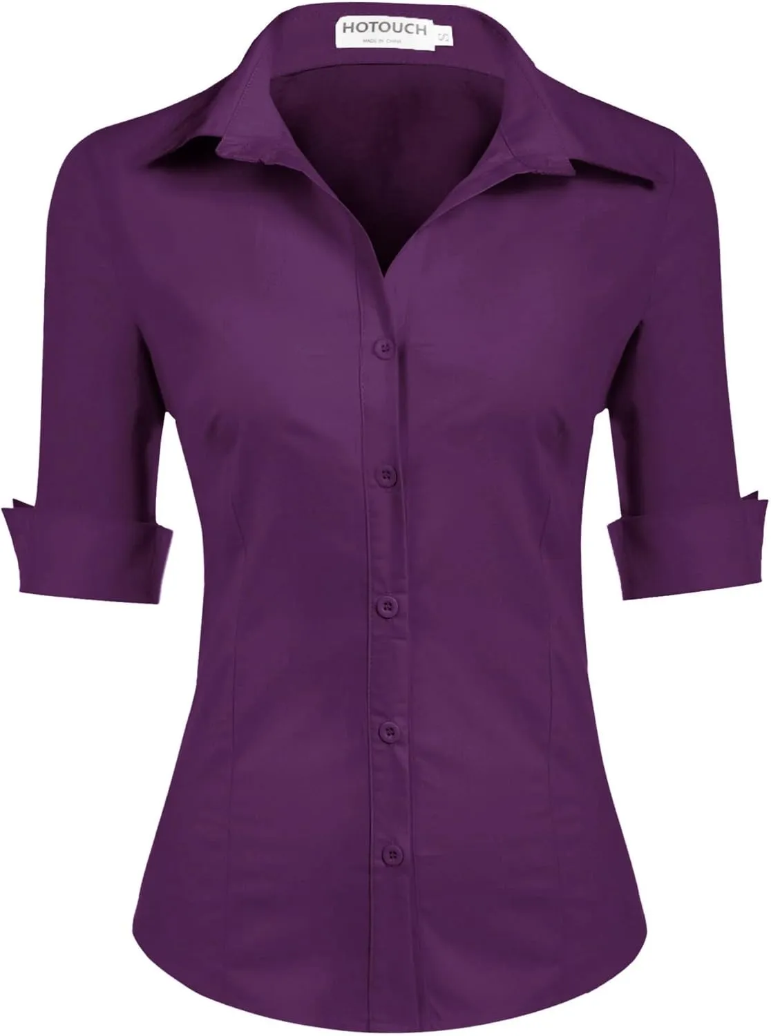 HOTOUCH Womens 3/4 Sleeve Button Down Shirt Slim Fit Work Blouses Cotton Dress Shirts Office Tops