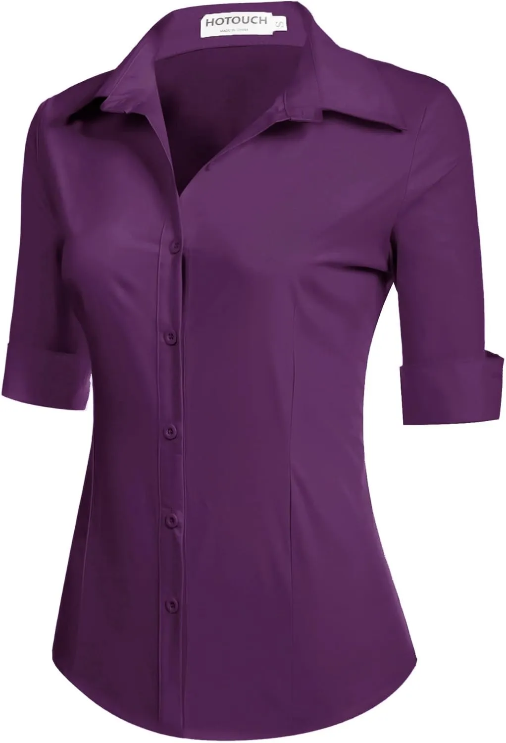 HOTOUCH Womens 3/4 Sleeve Button Down Shirt Slim Fit Work Blouses Cotton Dress Shirts Office Tops