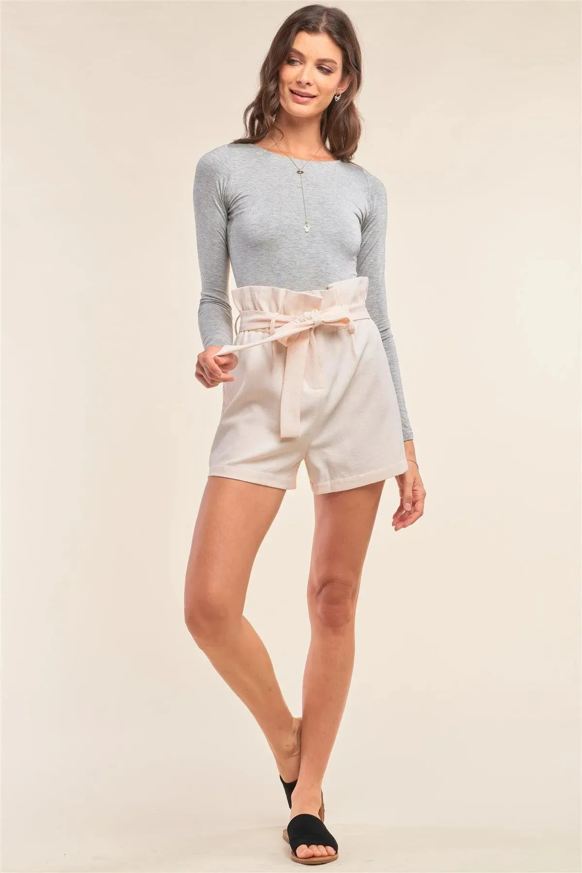 Ivory Nude Solid High Waisted Detachable Self-Tie Belt Flare Mini Shorts