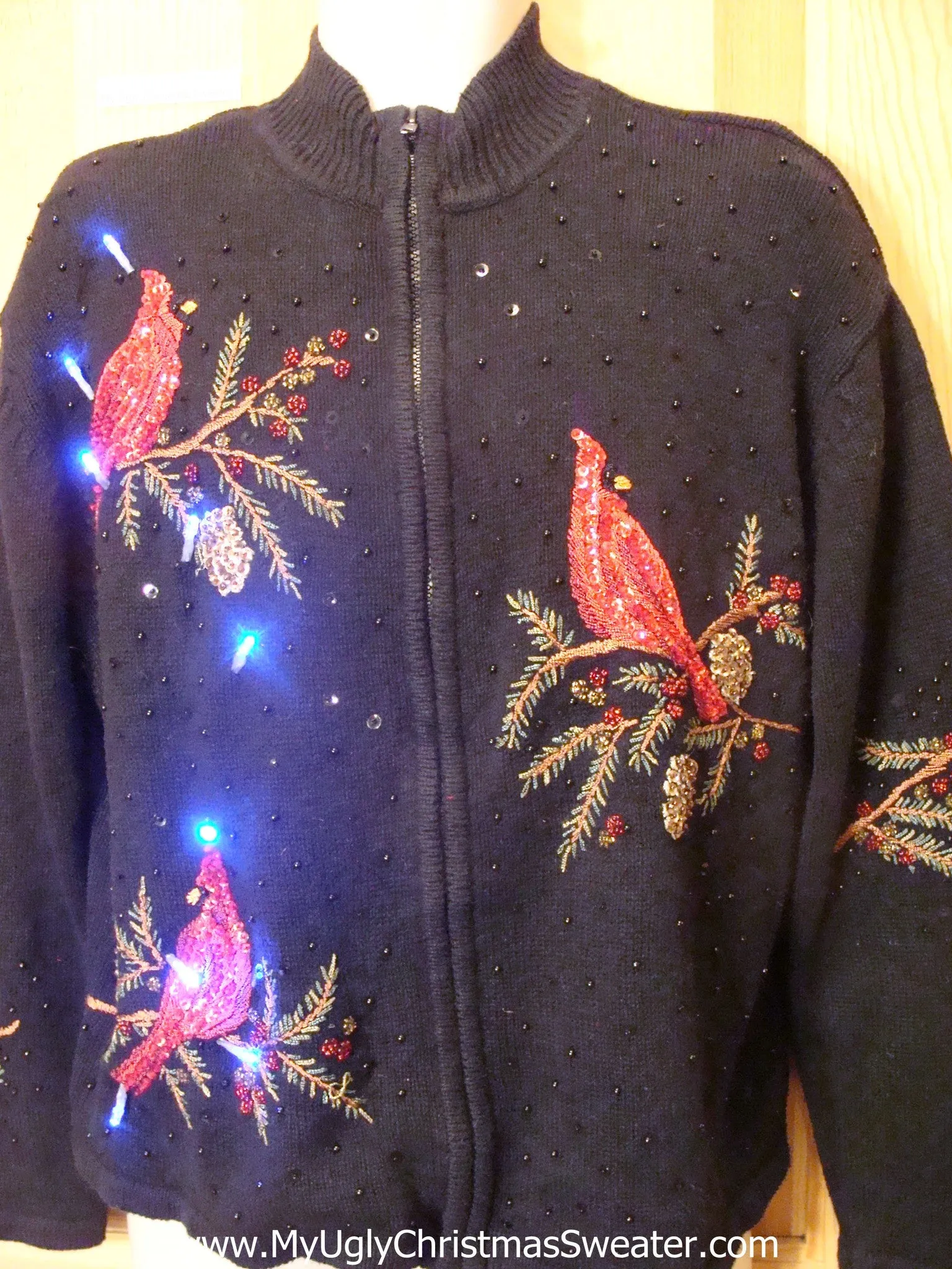 Light Up Ugly Xmas Sweater with Red Bling Cardinals
