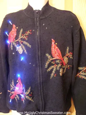 Light Up Ugly Xmas Sweater with Red Bling Cardinals