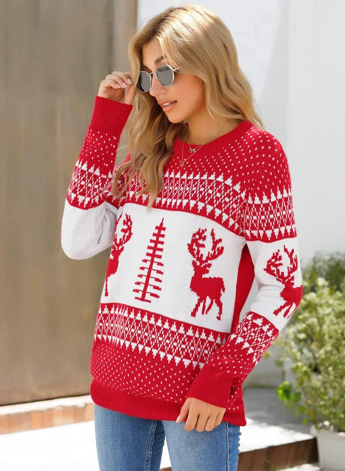 LookbookStore Women Ugly Christmas Tree Reindeer Holiday Knit Sweater Pullover