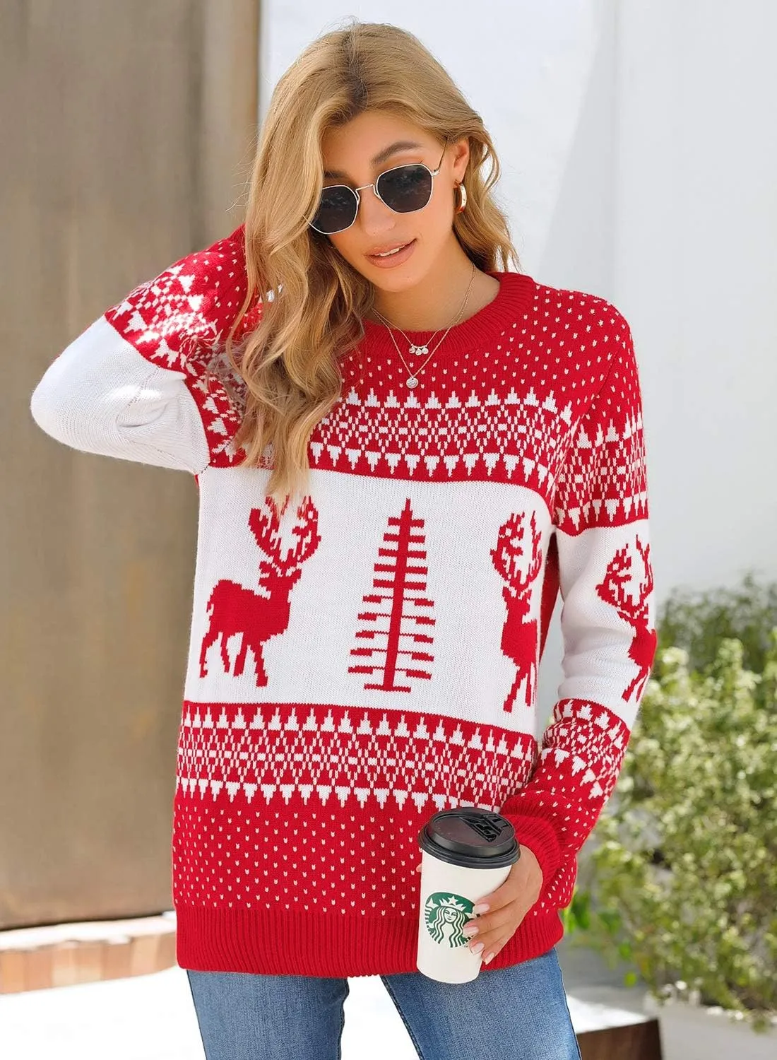 LookbookStore Women Ugly Christmas Tree Reindeer Holiday Knit Sweater Pullover