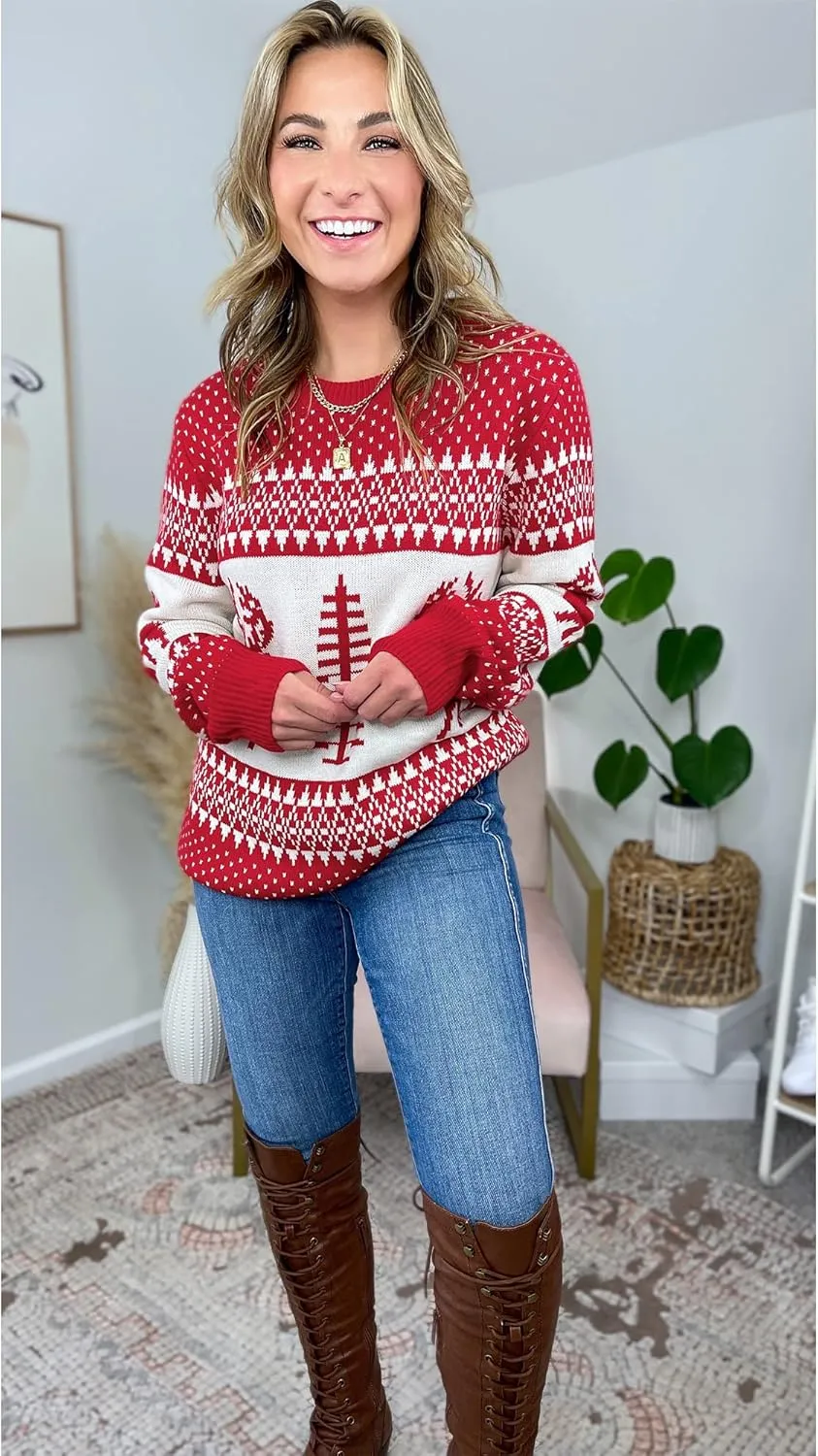 LookbookStore Women Ugly Christmas Tree Reindeer Holiday Knit Sweater Pullover