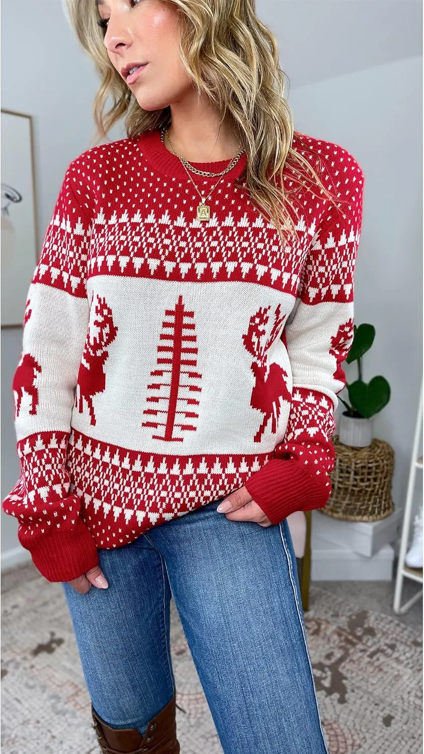 LookbookStore Women Ugly Christmas Tree Reindeer Holiday Knit Sweater Pullover