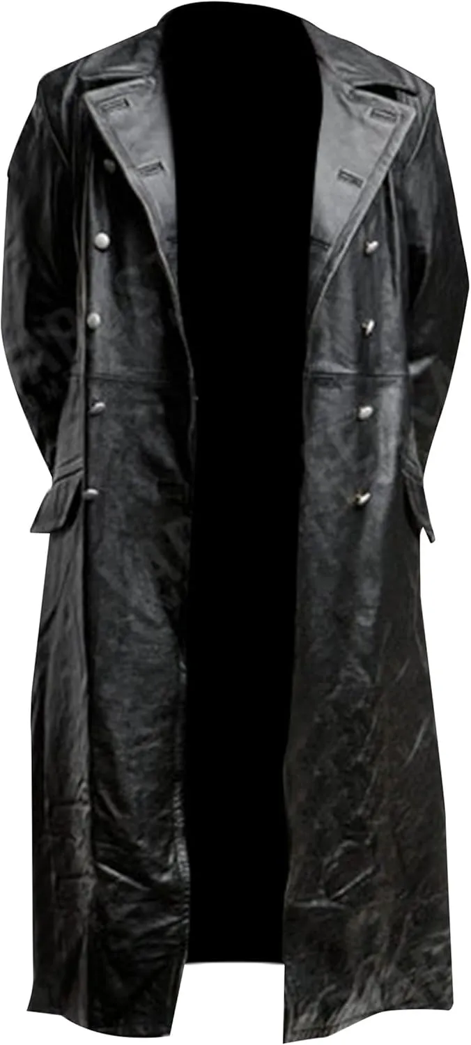 Men's German Classic WW2 Officer Military Black Sheepskin Leather Double Breasted Long Trench Coat for Men