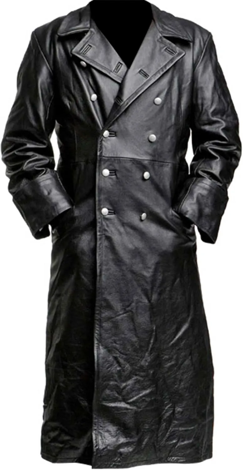 Men's German Classic WW2 Officer Military Black Sheepskin Leather Double Breasted Long Trench Coat for Men