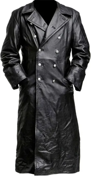 Men's German Classic WW2 Officer Military Black Sheepskin Leather Double Breasted Long Trench Coat for Men