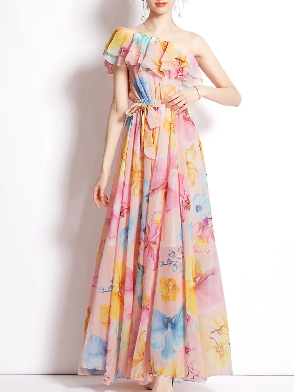 Pink One Shoulder Rose Floral Print Ruffles Boho Dress Maxi Dress